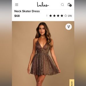 Make Your Acquaintance Gold Metallic V-Neck Skater Dress